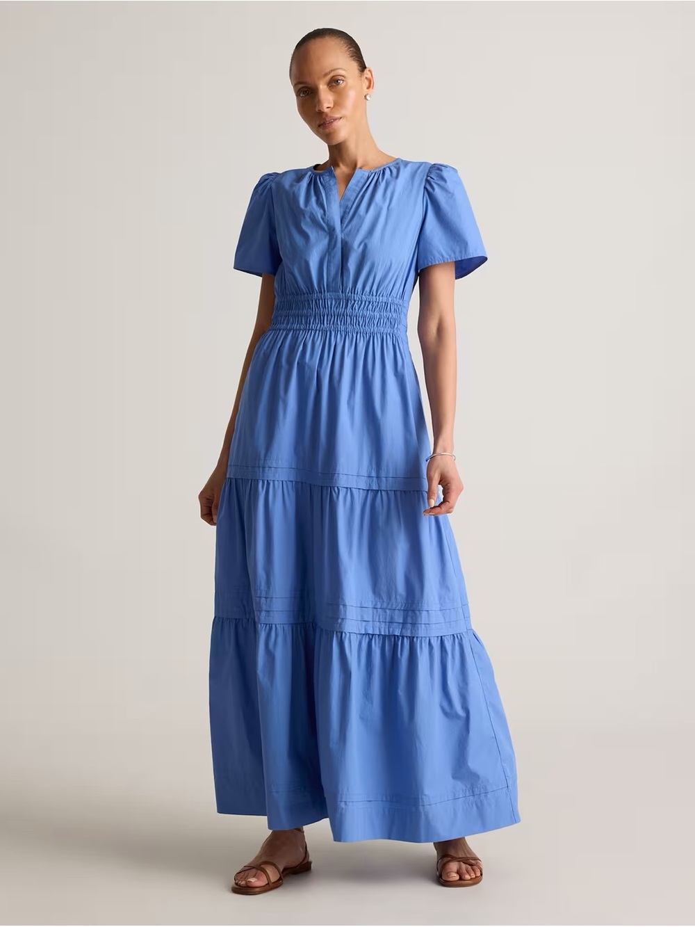 Quince Blue Tiered Maxi Dress with Shirred Waist